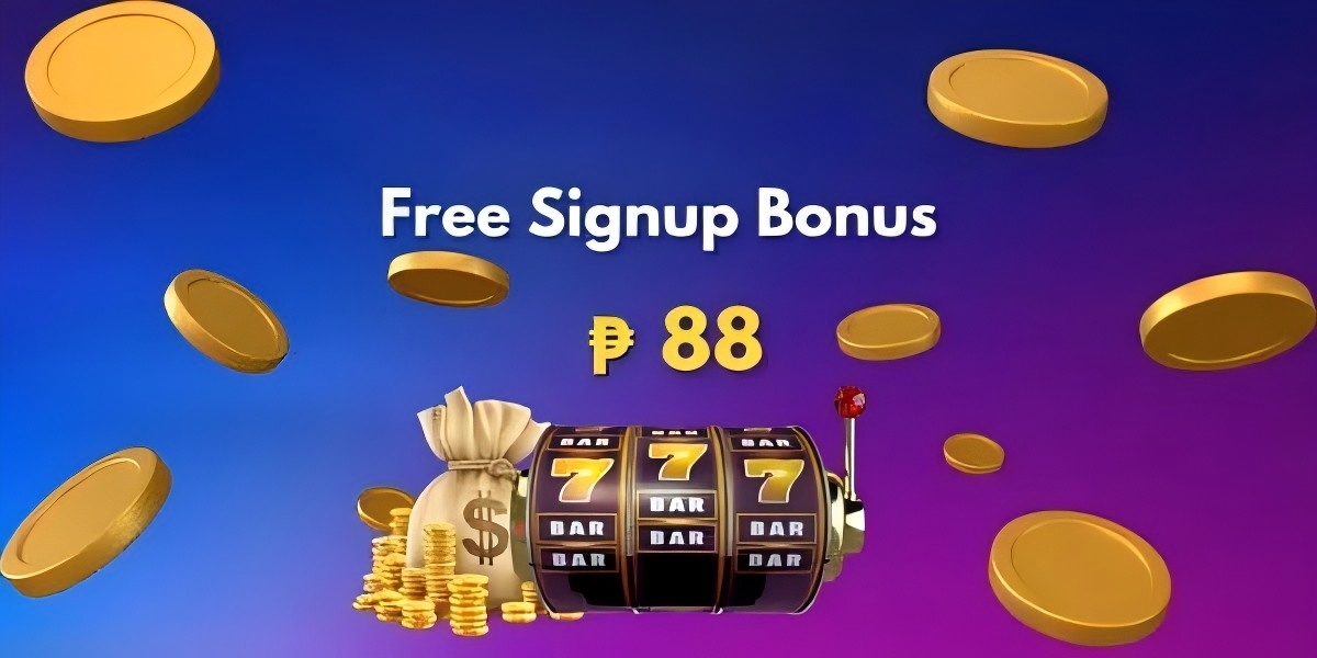 Promo banner with gold coins, a money bag and a 777 slot machine advertising a free signup bonus of 88 pesos
